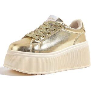 Brand New Women Gold Rubber LUCKY STEP Platform Sneakers Wedge Retro Shoes